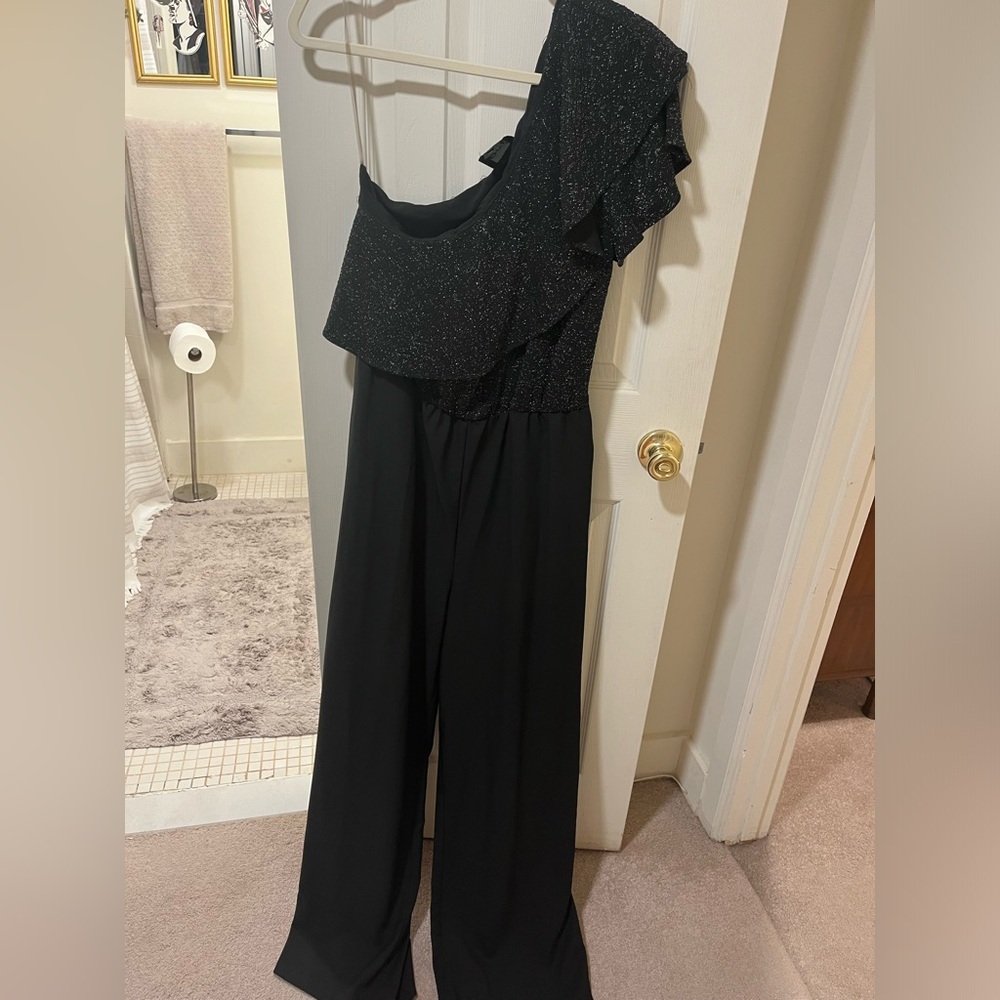 Black jumpsuit, glitter top